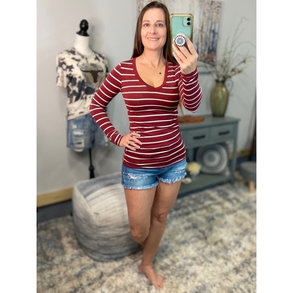 ❤️‍🔥Nautical Striped Preppy Stretch V-Neck Shirt Bright Burgundy White 1922